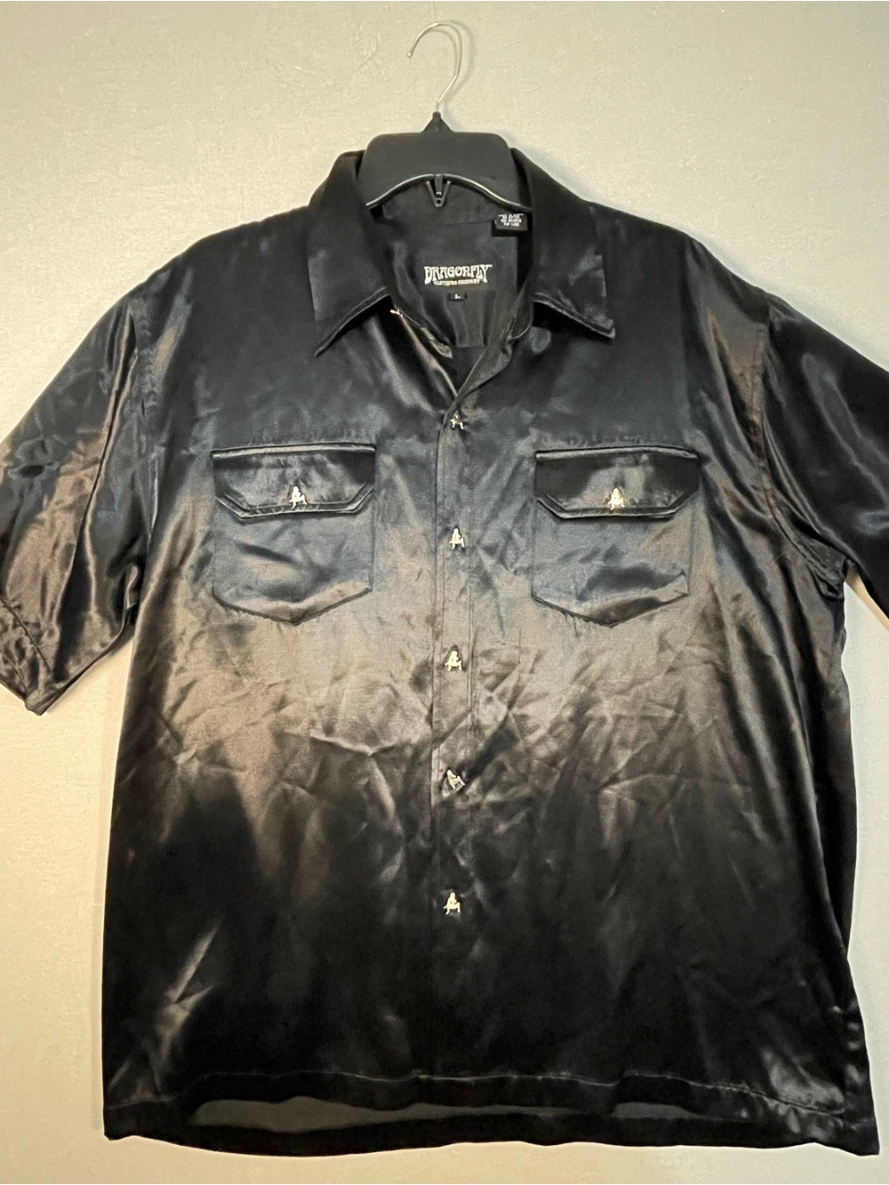 Vtg Y2K Dragonfly Clothing Co Black Satin Button Up Shirt Men's L Mudflap Girl